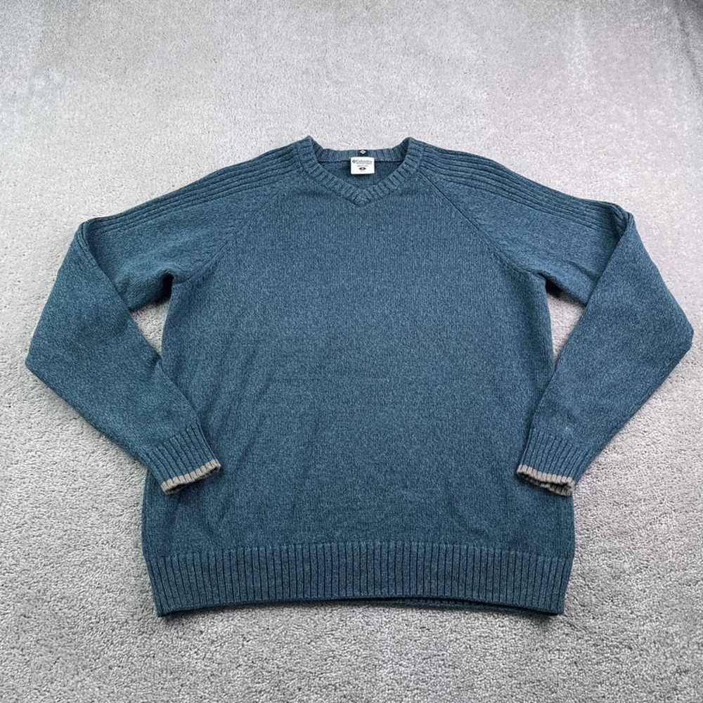 Columbia‎ Sweater Mens Medium Blue Knit V Neck Ribbed Shoulders Cotton